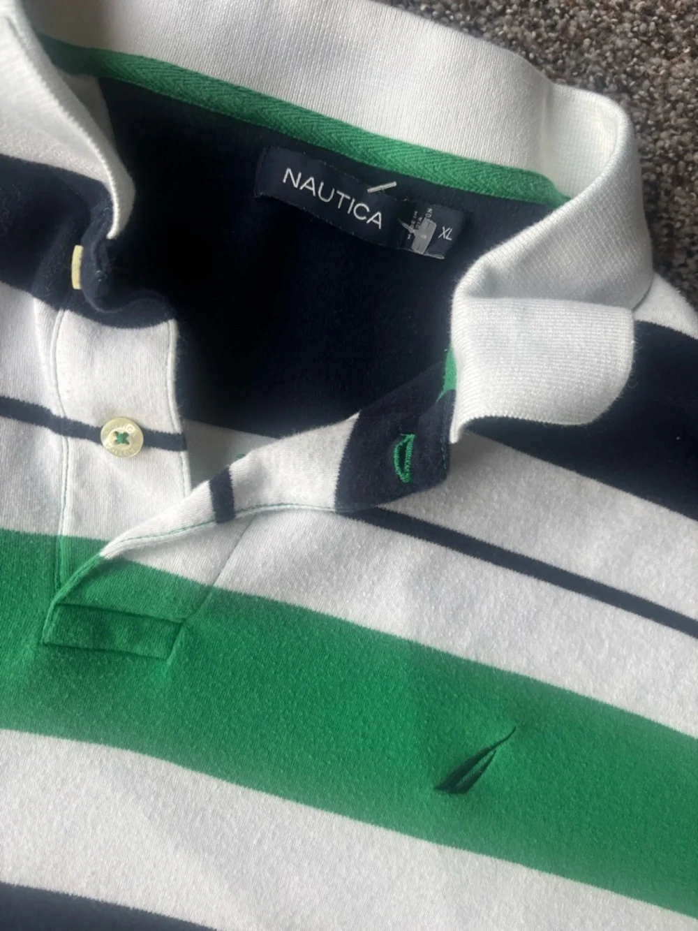 Nautica Green Navy White Striped Polo Shirt XL men golf collar button - Picture 3 of 5